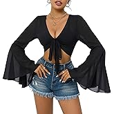 Mesh Tops for Women Bell Sleeve Rave Outfits Tie Front Crop Top Long Sleeve Shirt Sheer Blouse Festival