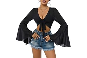 CENTURY STAR Mesh Tops for Women Bell Sleeve Rave Outfits Tie Front Crop Top Long Sleeve Shirt Sheer Blouse Festival