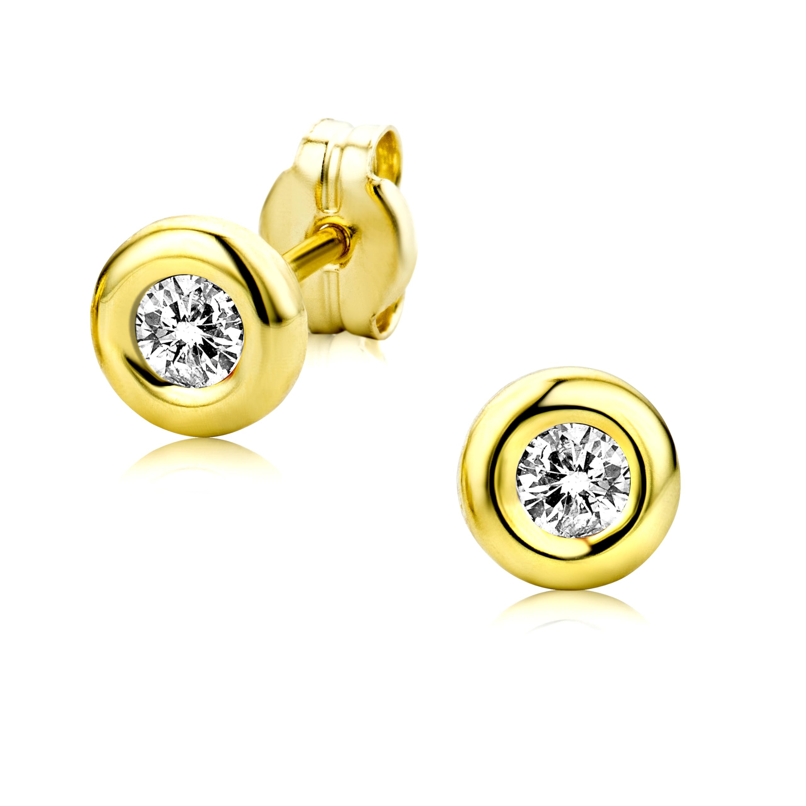 Orovi Round Yellow Gold Earrings for Women with Cubic Zirconias in 9 Carat Gold, Hypoallergenic Earrings - Handmade studs with jewellery box — image 1