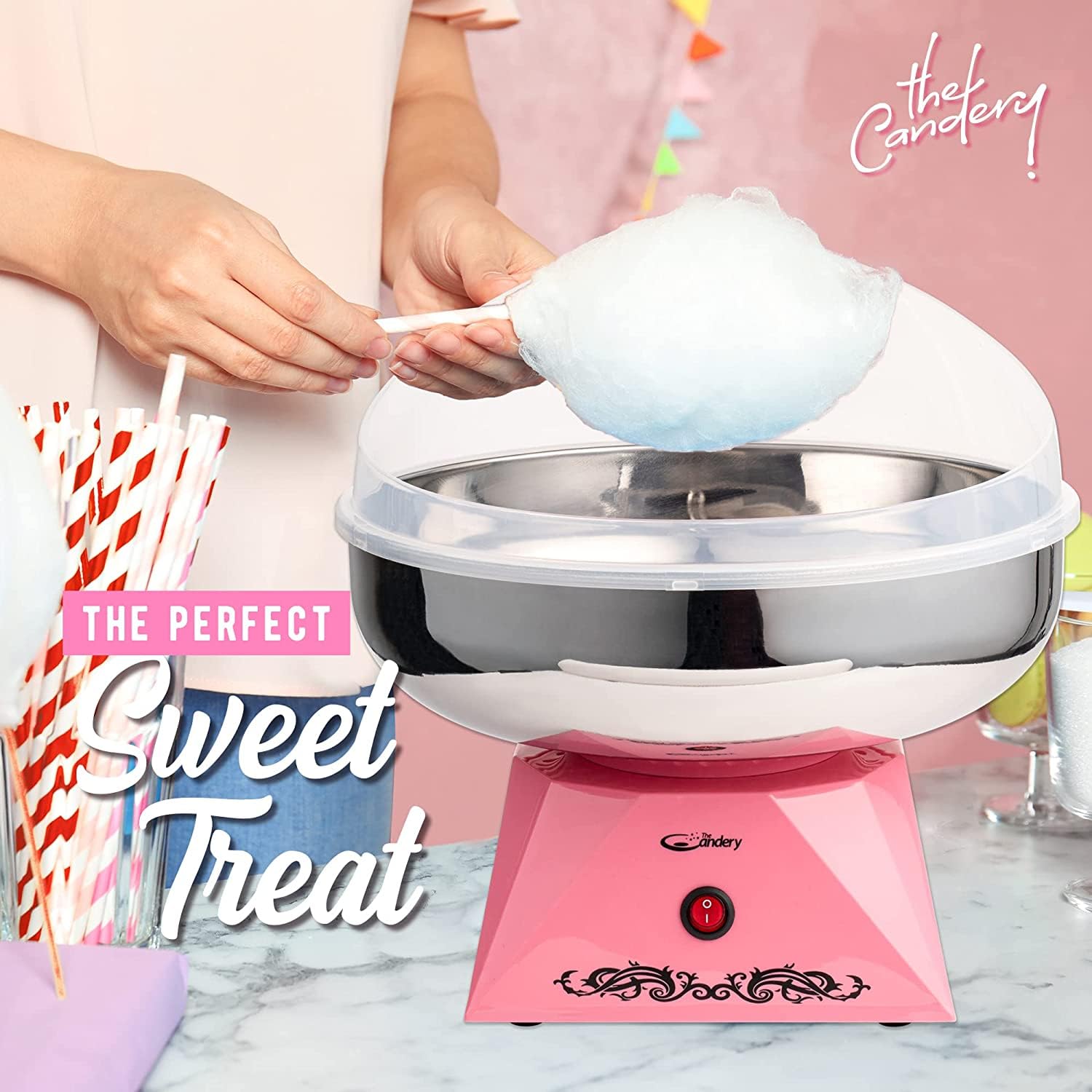 The Candery Cotton Candy Machine with Stainless Steel Bowl 2.0 and Floss Bundle- Use to Floss Sugar Floss Candy for Birthday Parties Fairs - Includes 3 Floss Sugar Flavors 12oz Jars and 50 Paper Cones