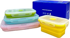 LIVINGCREATOR Folding Silicone Lunch Box, Portable Food Storage Container Outdoor Picnic Box Space Saving, Microwave Oven, Dishwasher and Freezer Safe,four Colors Set