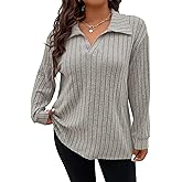 Koscacy Women Plus Size Casual Knit Sweater Lapel V Neck Solid Color Tops Lightweight Long Sleeve Blouses