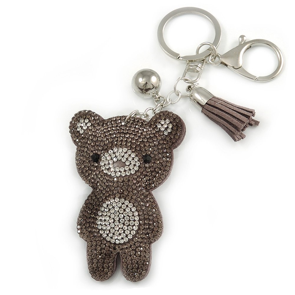 Avalaya Grey/Clear Crystal Baby Bear Keyring/Bag Charm In Silver Tone Metal - 13cm L