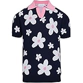 OXKNIT V-Neck Knit Polo for Men Geometric Patterns Dark Blue Knit Casual Golf Poloshirts