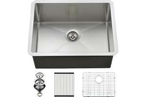 EcoChannels Undermount Kitchen Sink, 24 x 19 x 10 Inch 16 Gauge Single Bowl Kitchen Sink T-304 Stainless Steel Laundry Sinks