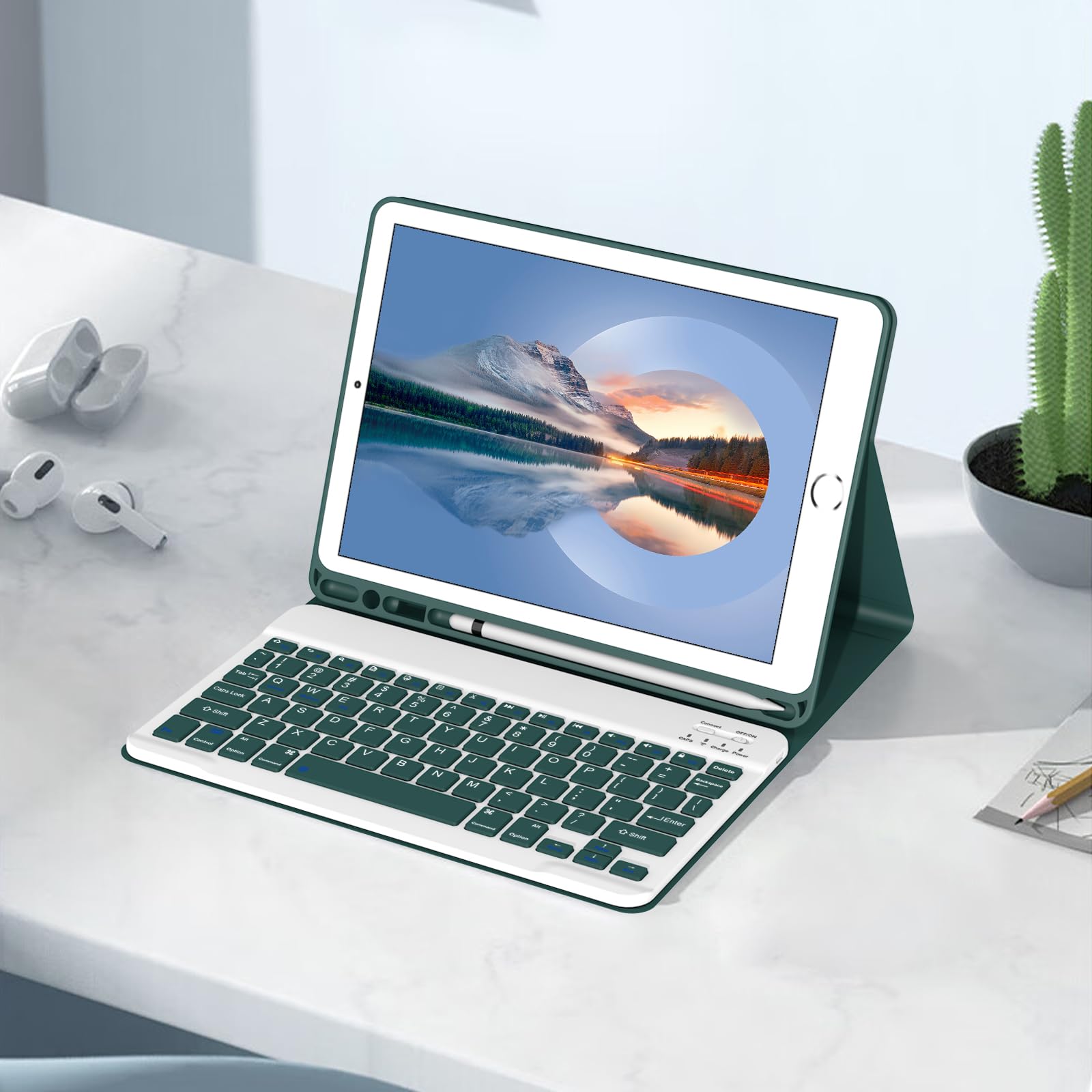 Keyboard Case for iPad 9th/8th/7th Generation 10.2 Inch [Magnetic Detachable Wireless Keyboard][Support 3 System] Flip Stand Case with Pencil Holder for iPad 10.2 2021/2020/2019, Dark Green
