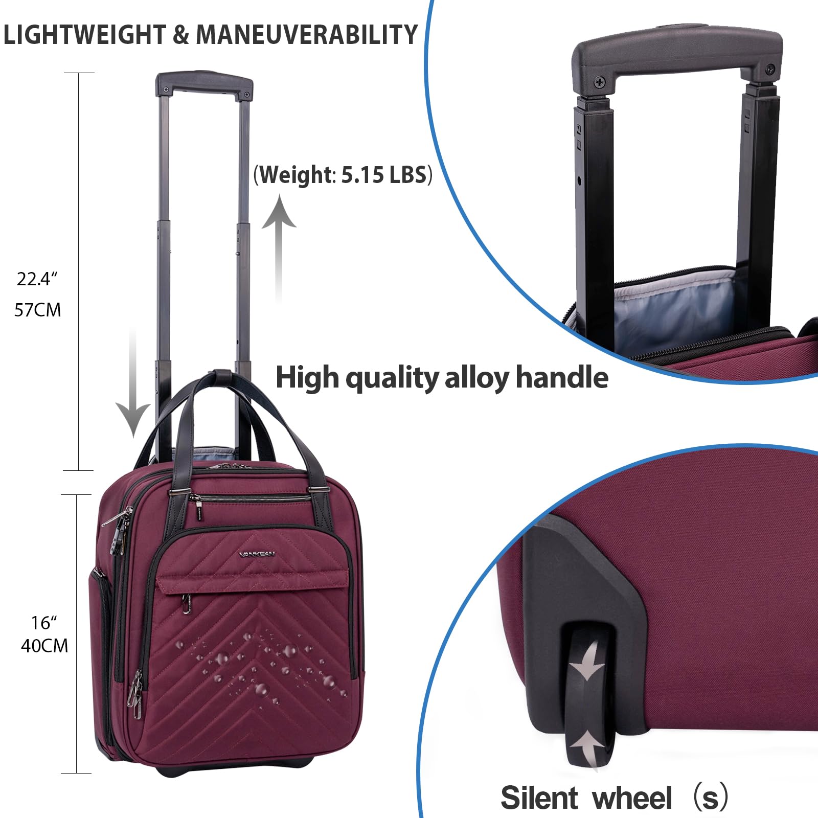 VANKEAN Carry On Underseat 16-inch Multi-functional Underseater Lightweight Overnight Suitcase with Wheels, Roller Case for Men Women Travel Business, Burgundy