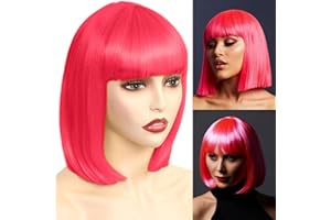 Akkya Hot Bob Wigs with Bangs for Women Short Colored Straight Synthetic Hair Neon Wig for Party Costume Cosplay (12inch,Hot Color)