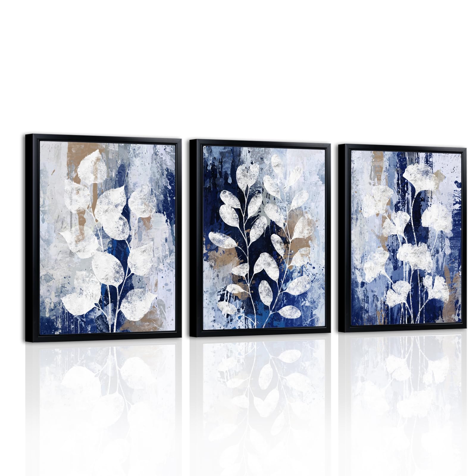 Photo 1 of LevvArts Botanical Leaves Wall Art Framed Navy Blue and White Painting Canvas Prints Blue Bathroom Wall Decor