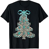 Boho Leopard Christmas Tree Cheetah Print Coquette Bow Xmas T-Shirt