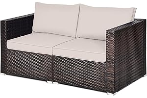 HAPPYGRILL 2 Pieces Patio Sofa Set Rattan Wicker Corner Sofa Set with Zippered Cushions for Backyard Balcony Porch Garden Poolside