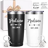LiqCool Godparents Proposal Gift, Padrino y Madrina Godmother & Godfather 20oz Insulated Tumbler Set with Keychain & Card, Will You be My Godparents Gift from Godchild for Baptism(Black & White)