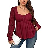 AlvaQ Plus Size Peplum Tops for Curvy Women Trendy 2025 Lace Patchwork Long Sleeve Babydoll Tops Spring Clothes Red Large