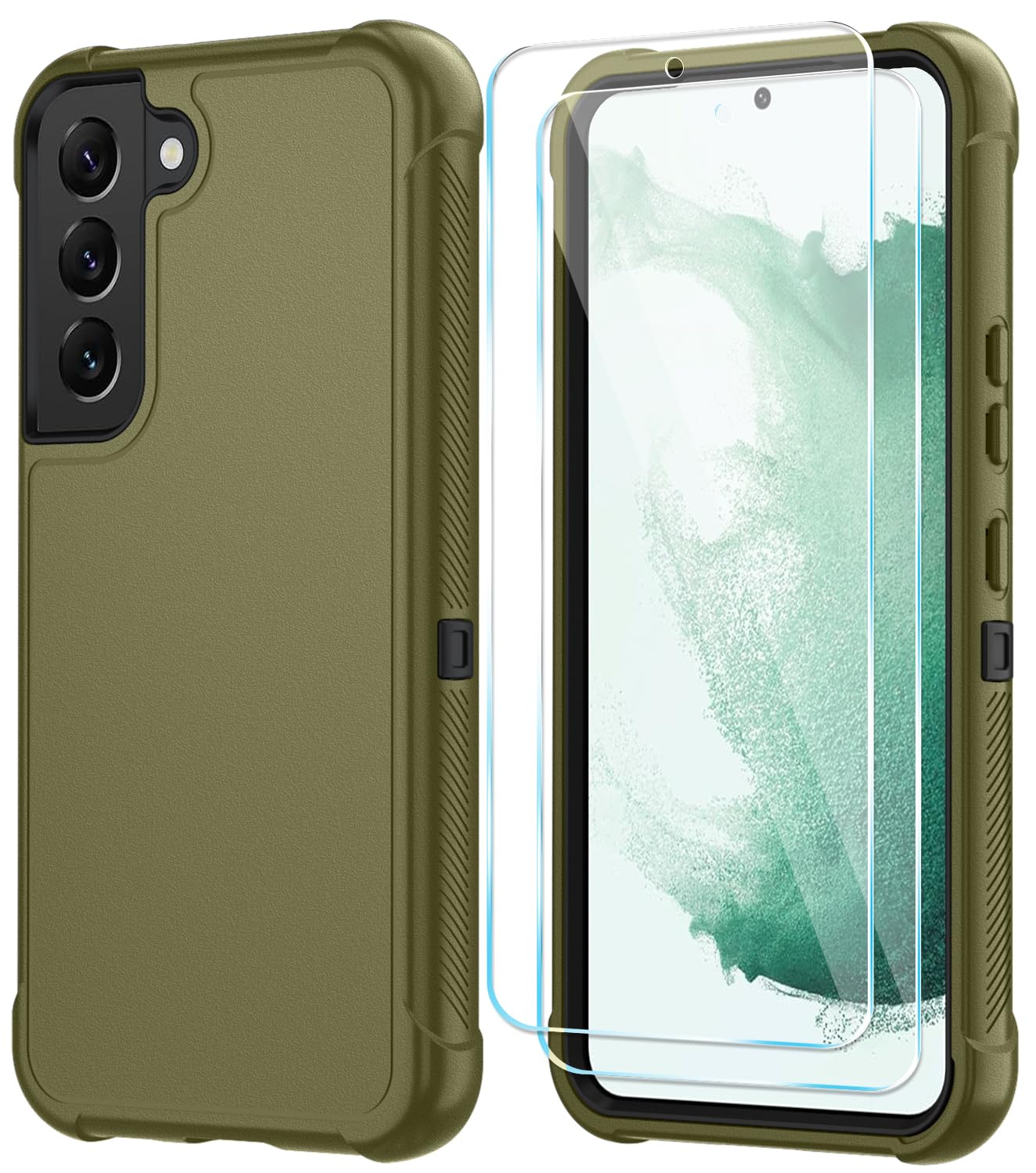 SunStory Compatible with Samsung Galaxy S22 Case with HD Screen Protector, 3-Layer Heavy Duty Full-Body Cover, 3 in 1 Hybrid Protective Case for Galaxy S22 6.1", ArmyGreen