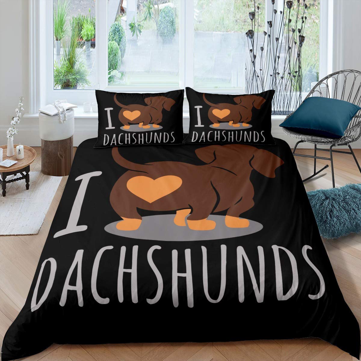 Homemissing Dachshund Sausage Duvet Cover Cartoon Puppy Dog Bedding Set - Kids Boys Toddler Weiner Comforter - King Size, Black — image 1