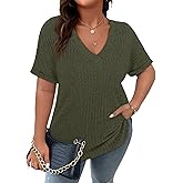 Cucuchy Style Womens Plus Size Tops Casual V Neck Shirts Short Sleeve Solid Color Blouses
