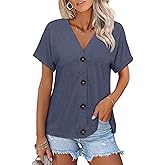 TICTICMISS Womens Summer Tops Short Sleeve Button Down Shirts Casual V Neck T Shirts Trendy Tunic Tops