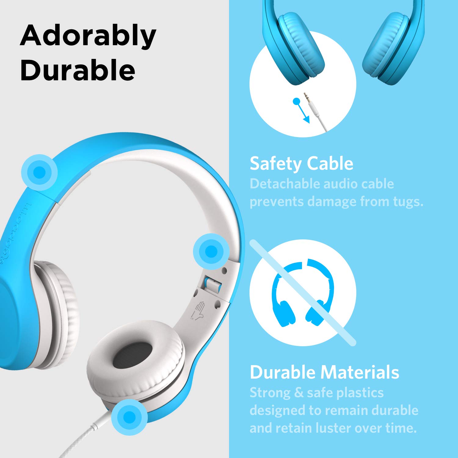 LilGadgets Connect+ Wired Kids Headphones for School w/Microphone, Volume Limiting & Noise Reduction On-Ear Headset w/Cord, SharePort Technology & SoftTouch Padding, Blue - Headphones Wired for Kids