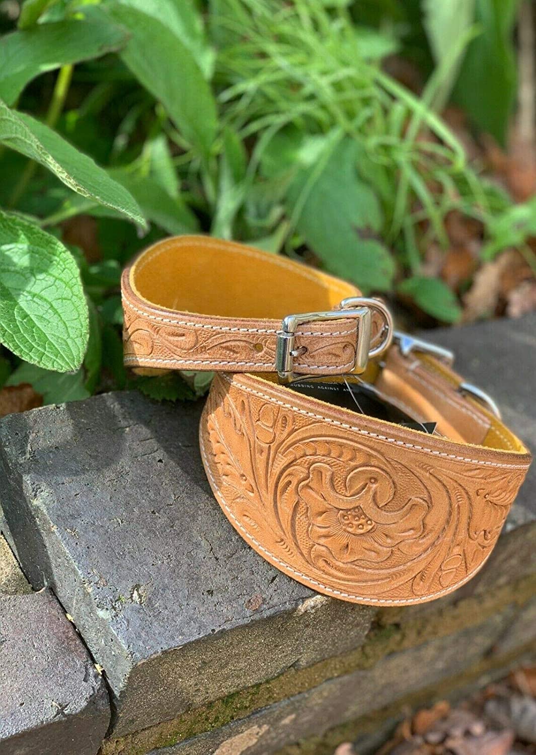 Leather Whippet Dog Collar Hand Tooled Carved Vegetable Tanned Leather Greyhound Saluki Hound Dog Collar (Neck Size 112 Inches to 14.1 Inches, Beige With Yellow Padding)