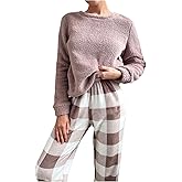 Milumia Women's 2 Piece Fuzzy Pajama Set Long Sleeve Top and Plaid Pants Sets Sleepwear Loungewear