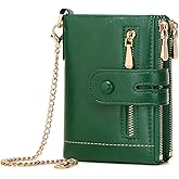 AOXONEL Wallets for Women Small Rfid Bifold Leather Ladies Wallet,Travel Billfolds Medium Size Card Holder with Removable Wristlet Chain,Multi-Card Slots,ID Window,Double Zipper Coin Pocket (Green)