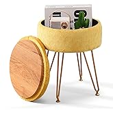 Cpintltr Velvet Ottoman Round Footrest Footstools with Storage Space Soft Vanity Chair with Memory Foam Seat Small Side Table Hallway Step Stool 4 Gold Metal Legs with Adjustable Footings Ginger