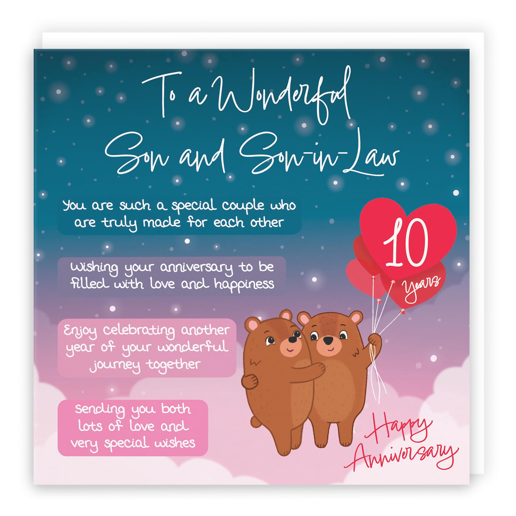 Hunts England - Son And Son-in-Law 10th Anniversary Card - Starry Night - Cute Bears - Verse