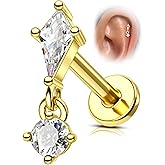 Agrewd G23 Solid Titanium Cartilage Earring Stud,16G Gold Plated Threadless Push in Helix Tragus Earrings for Women Dangle Helix Tragus Piercing Jewelry 6/8MM