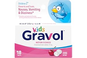 Gravol Kids Chewable Tablets for Nausea, Upset Stomach and Motion Sickness Relief, Dye Free, Cherry Flavor, Age 2 to 12, 18ct
