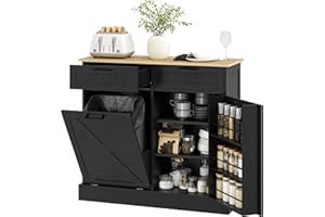 HOMCOM Tilt Out Trash Can Cabinet, 10 Gallon Farmhouse Kitchen Cabinet with Hidden Trash Can and 2 Drawers for Laundry Room, Pantry, Kitchen, Black