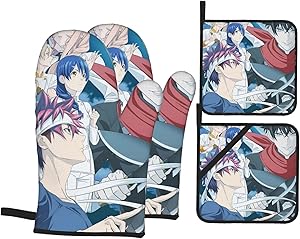 BattLeo Anime Food Wars Shokugeki No Soma Oven Mitts and Pot Holders Sets 4-Piece, Fireproof Non-Slip Surface Cooking Hanging Gloves, for Baking Grilling BBQ