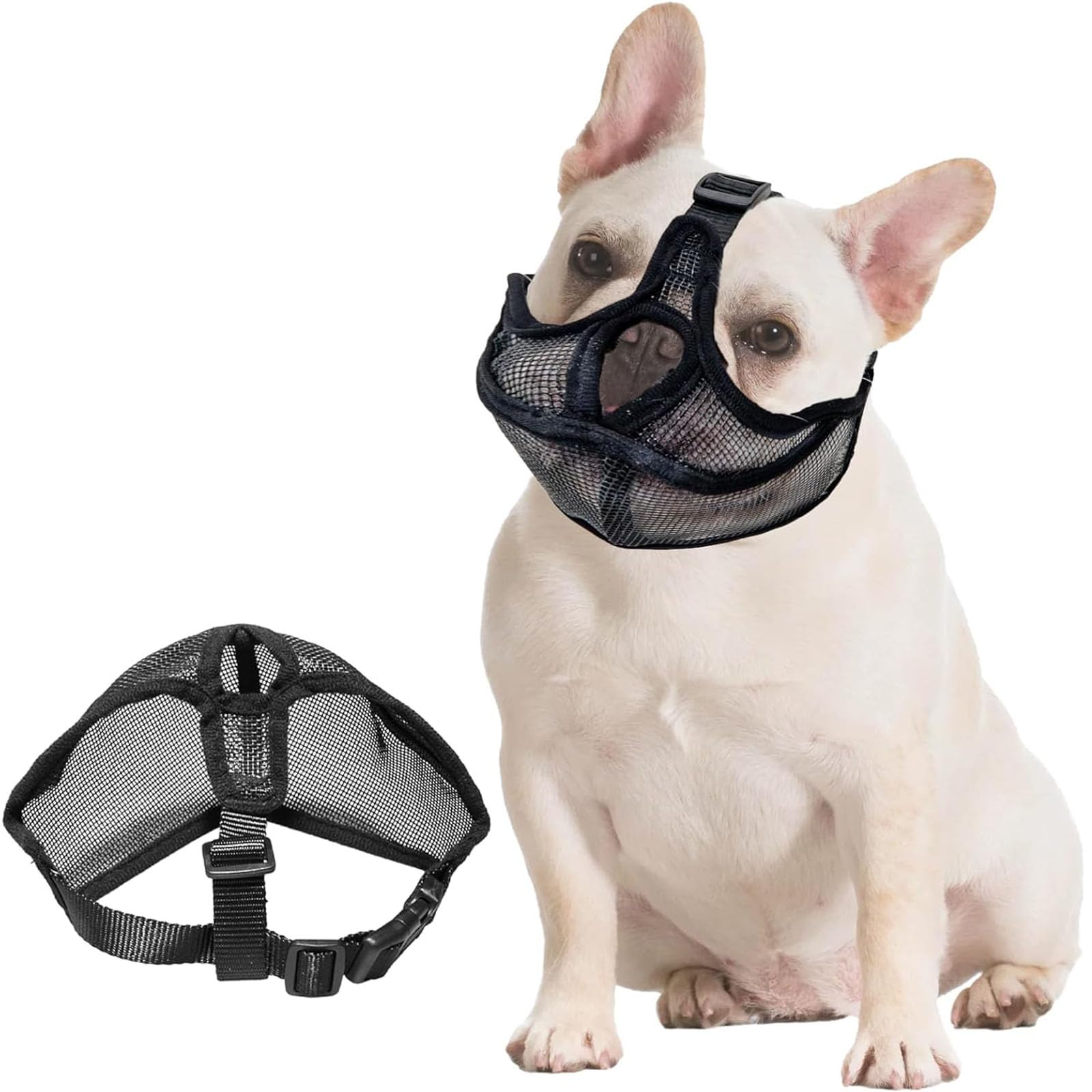 French Bulldog Muzzlem, Short Snout Dog Muzzle Adjustable Breathable Mesh Muzzle for French Bulldog, Dog Mask for Anti Bitting Chewing Barking (Black, L 35-44CM)