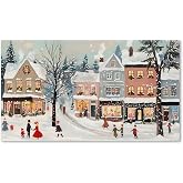 Christmas Snowy Village Canvas Wall Art, Winter Town Street Landscape TV Poster, Cozy Festive Holiday Cityscape Picture for Gallery Hallways, Xmas Seasonal Large Painting 9x16in Unframed