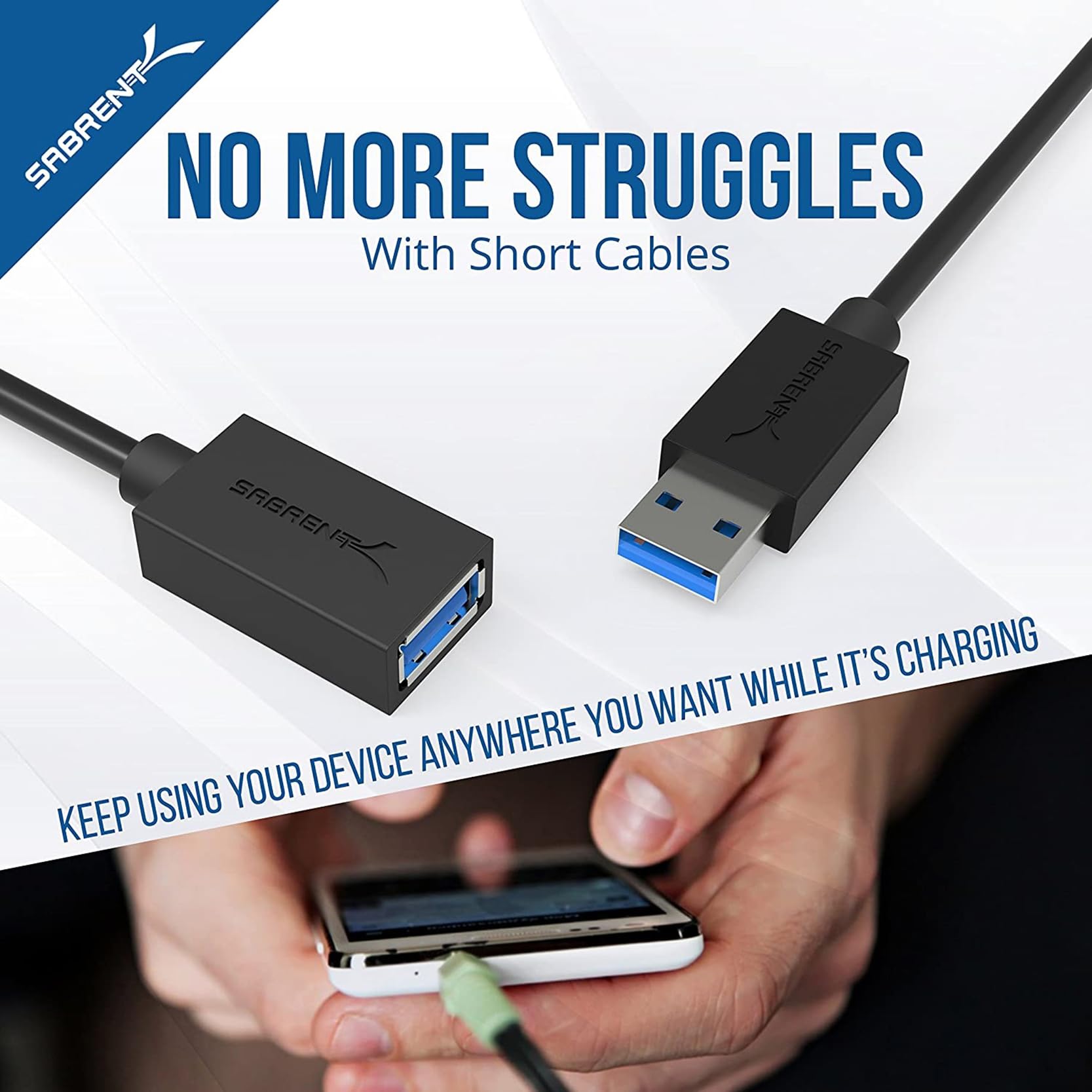 SABRENT 22AWG USB 3.0 Extension Cable A Male to A Female [Black] 3 Feet (CB-3030)