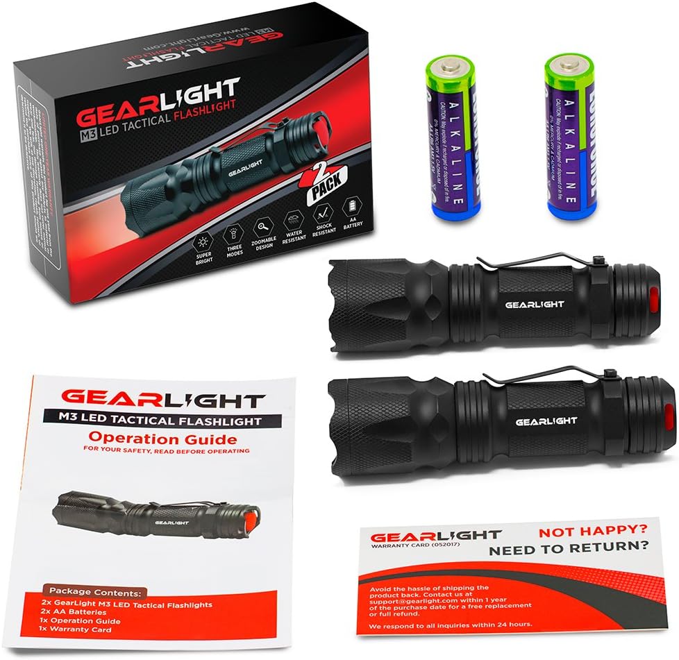 GearLight M3 LED Tactical Flashlight [2 PACK] with Belt Clip, Batteries Included - Zoomable, 3 Modes, Water Resistant, Small Mini Light - Best Everyday Carry Flashlights: Sports & Outdoors