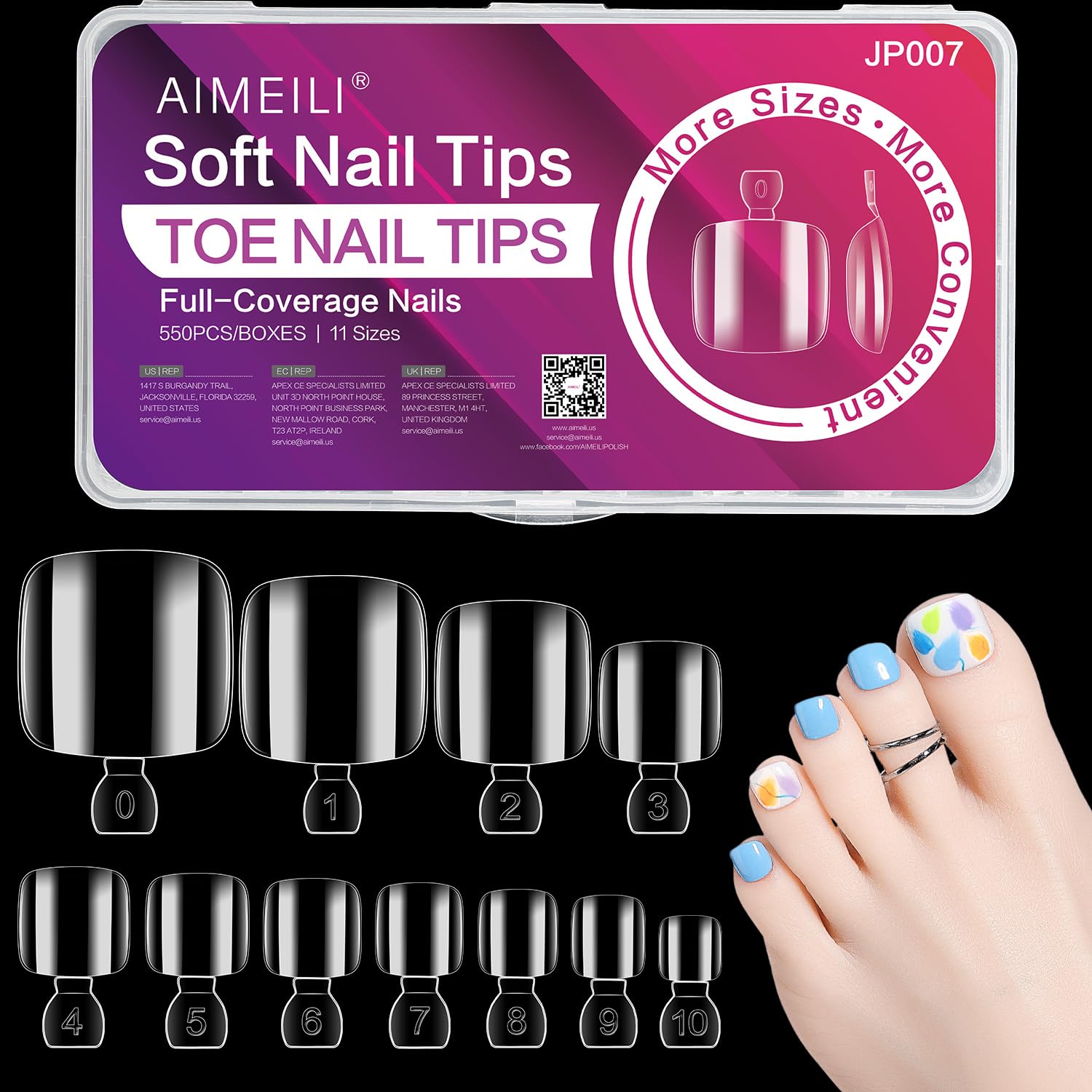 AIMEILI Soft Gel Full Cover Toe Nail Tips, 550PCS Clear Gel Nail Tips False Nail Artificial for Nail Extension, Acrylic False Press on Nails with Case for Nail Art Salon and Home DIY, 11 Sizes 007