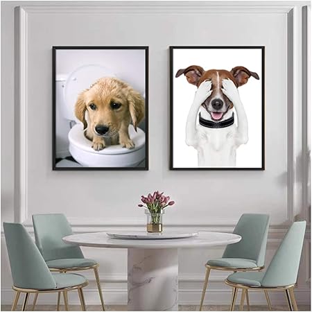 Amazon Co Jp 壁掛け画像かわいい犬の動物がトイレに座るアニメのポスターとプリントバスルームの装飾painting16xinch 40x50cm Generic