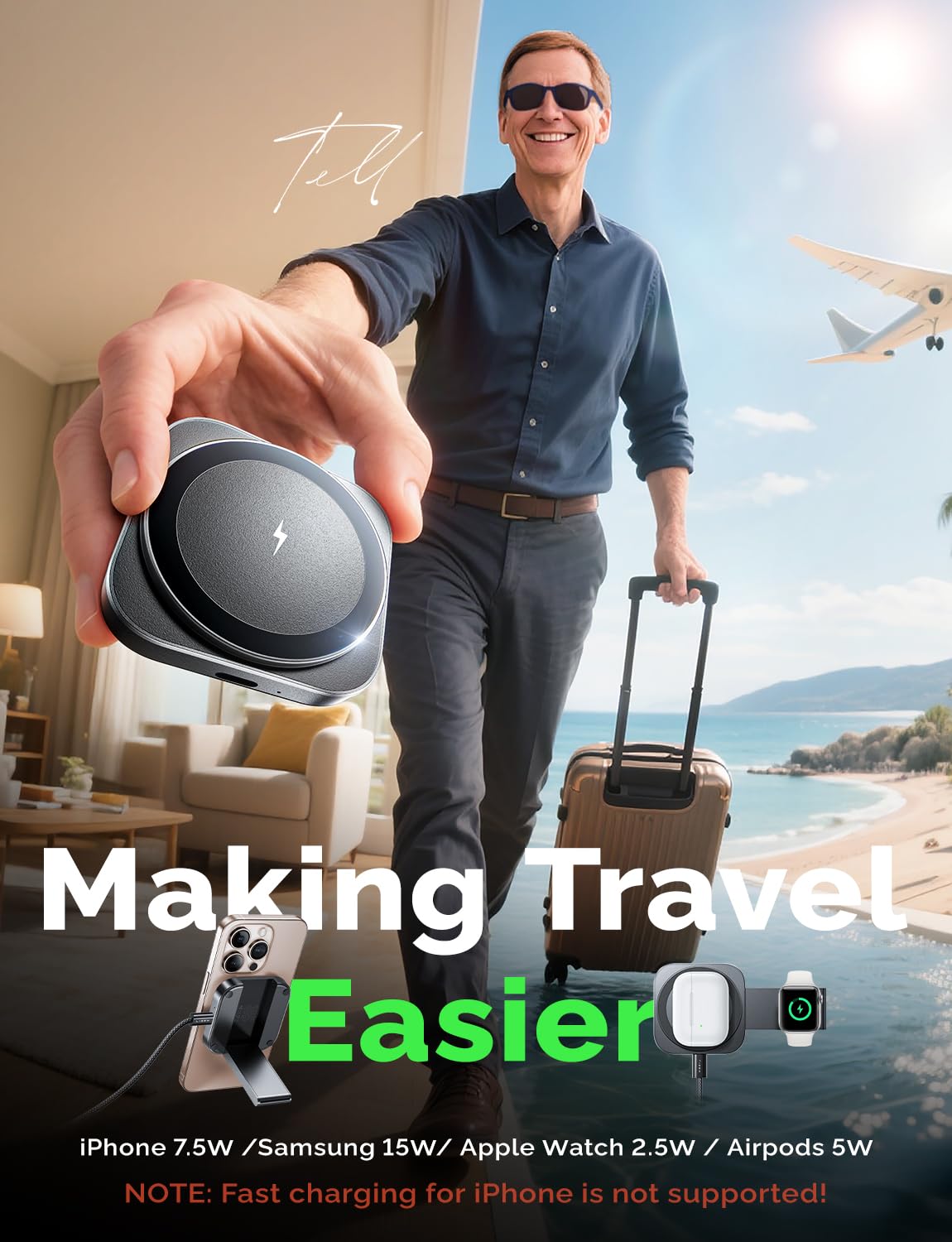 LISEN for MagSafe Charger Stand for iPhone Magnetic Apple Watch Airpods Charging, Minimalist Travel for iPhone Wireless Charger Magnetic MagSafe Accessories Apple 16 Pro Max iwatch Airpods Black