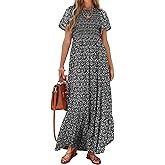 PRETTYGARDEN Women's 2026 Spring Casual Flutter Short Sleeve Boho Floral Maxi Dress Crew Neck Smocked Tiered Long Dresses