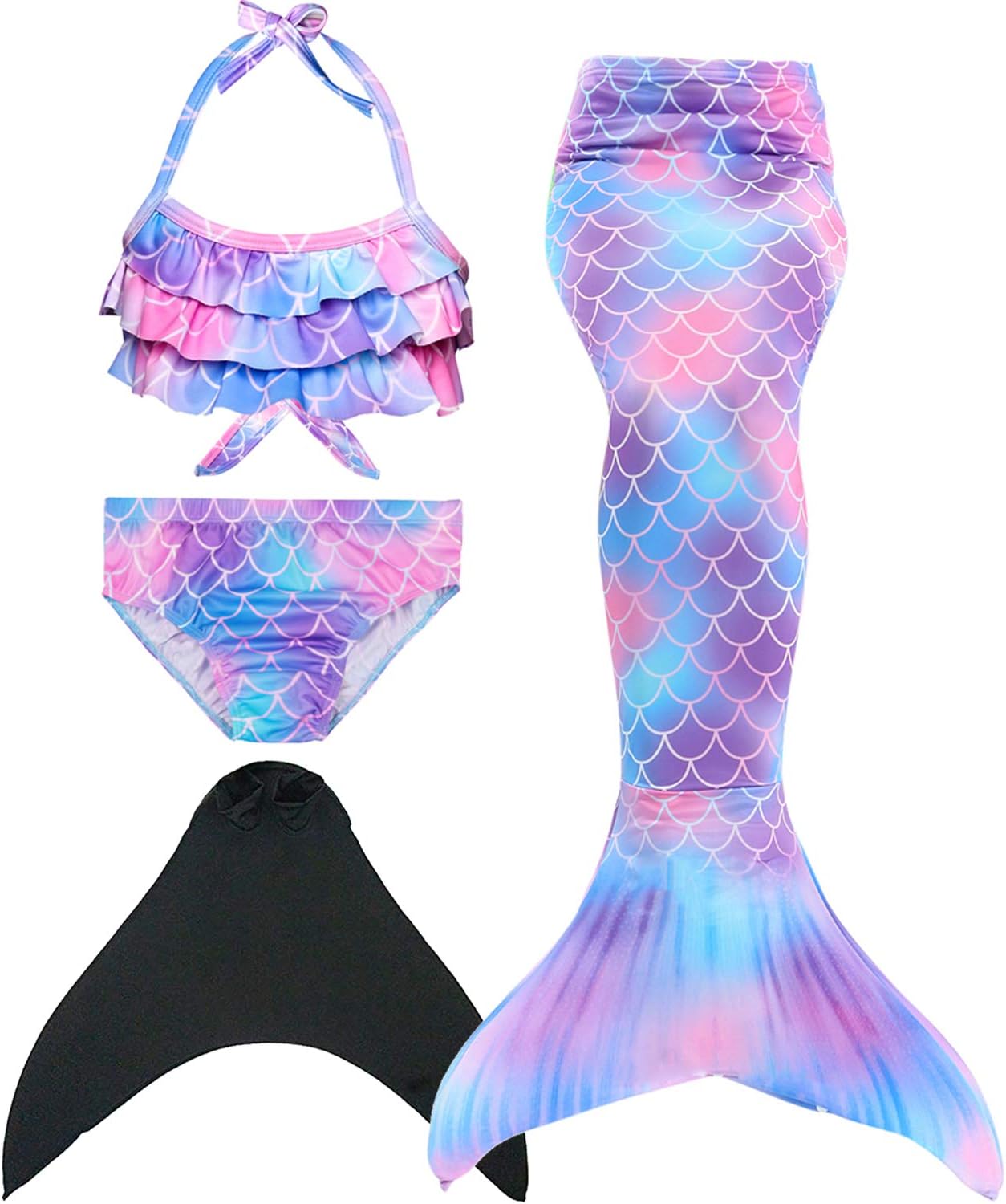 Girls’ Mermaid Tail for Swimming with Mermaid Fin and Bikini Set, Princess Cosplay Costume, Set of 4 Pieces