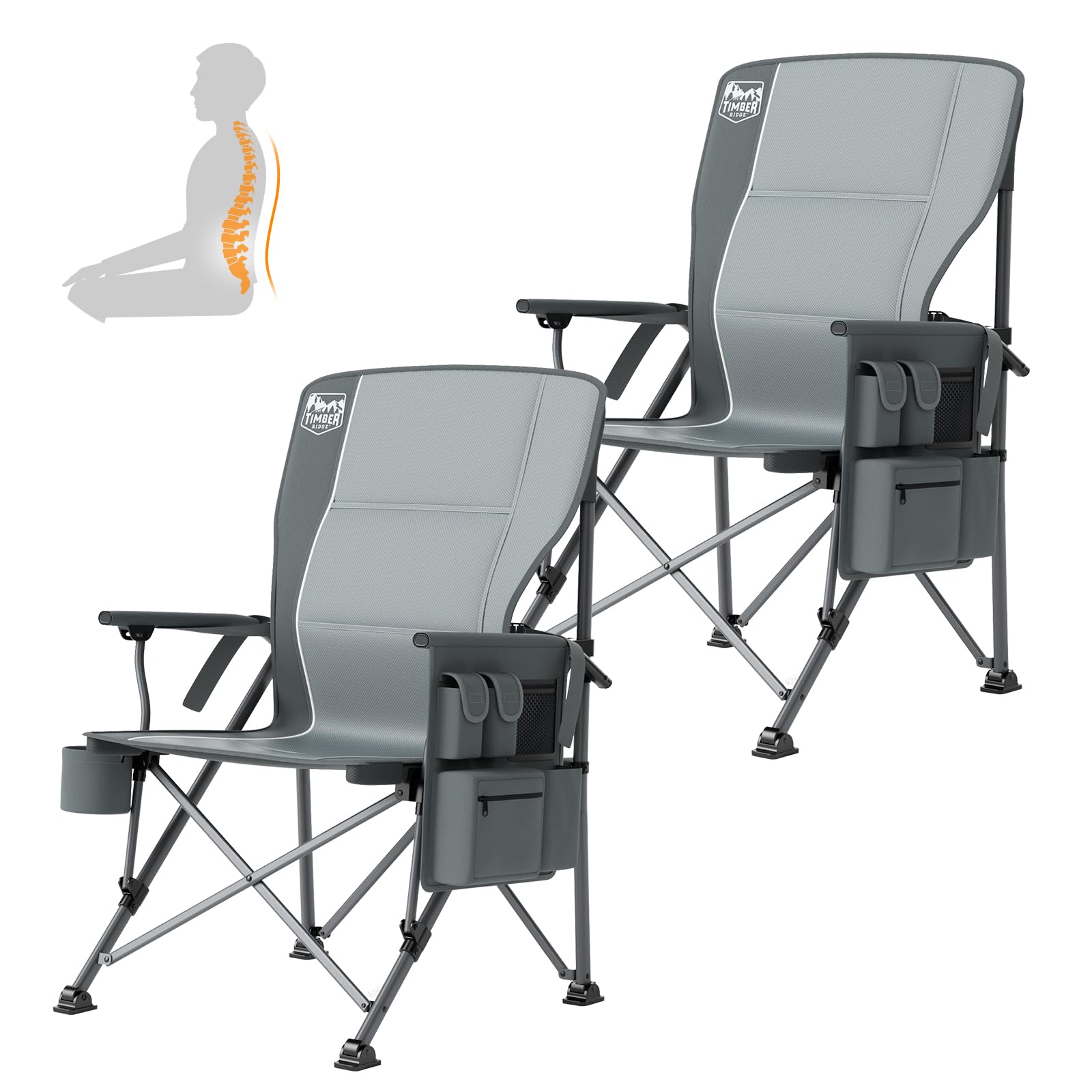 TIMBER RIDGE Oversized Folding Camping Chair with Lumbar Support Adjustable High Back Heavy Duty for Adults Support up to 500lbs with Cup Holder, Cooler Bag, Side Pocket, Grey Image TIMBER RIDGE Oversized Folding Camping Chair with Lumbar Support Adjustable High Back Heavy Duty for Adults Support up to 500lbs with Cup Holder, Cooler Bag, Side Pocket, Grey Image