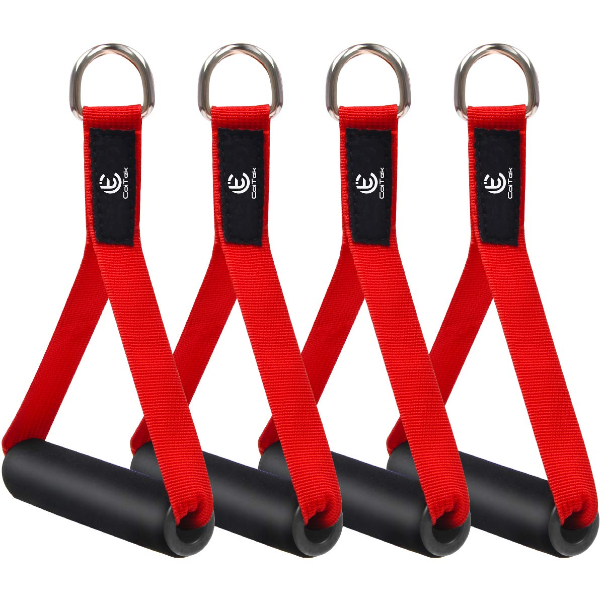 CoiTek 2 Pair Resistance Band Handles Grips Fitness Strap Wide Design Heavy Duty Cable Handles with Solid ABS Cores, Carabiners with Heavy Gauge Welded D-Rings (Red)