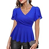 Lotusmile Womens Peplum Tops Dressy Casual Petal Sleeve Mesh Elegant Wrap Blouses for Women Work Night Out Party