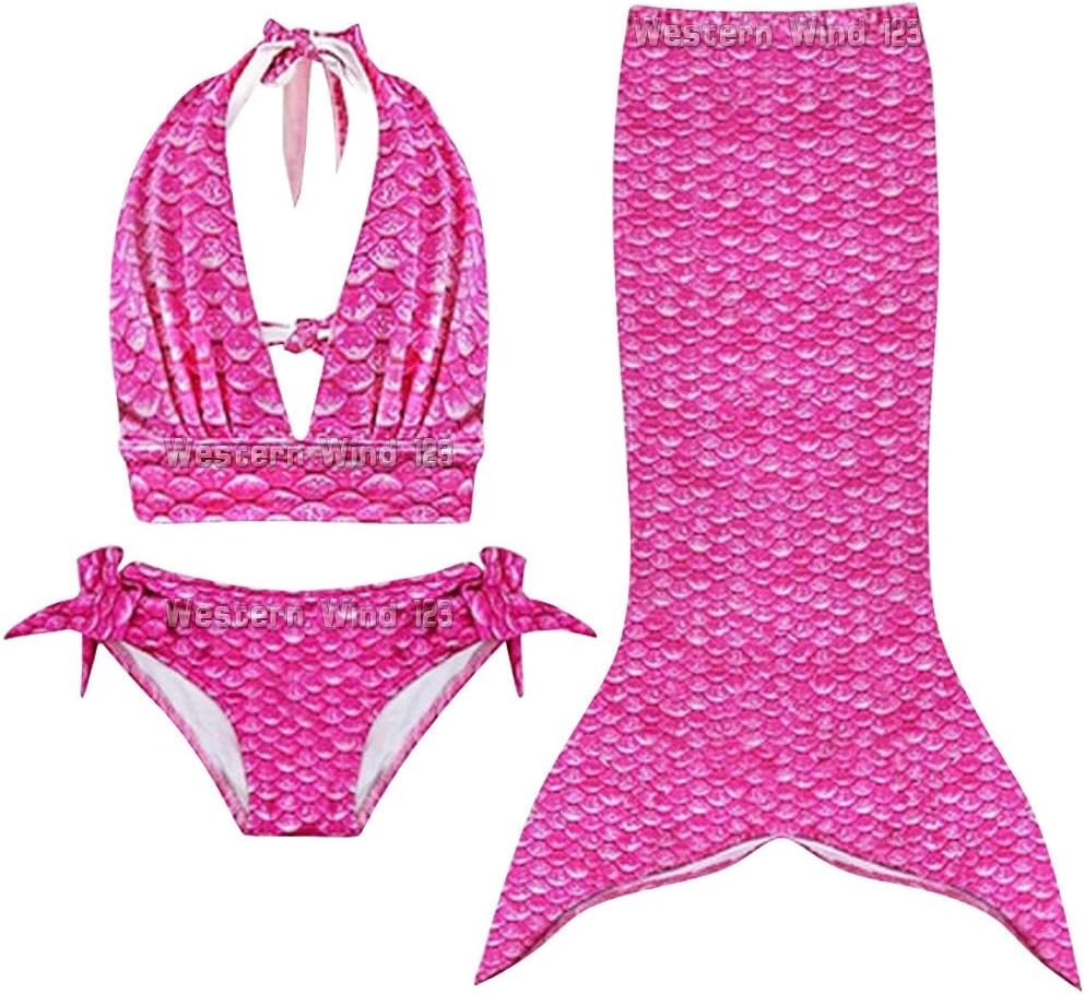 wocharm Mermaid Tail Costume Childs Swimwear Swimsuit 3 Pieces Bikini Set for Kids Girl 100-140cm Rainbow Yellow Blue (110cm, Hot Pink)
