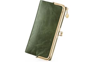 GOIACII Womens Wallet Ladies Vintage Billfold Compact Card Holder Long Zip Clutch Purse with Kiss Lock Green
