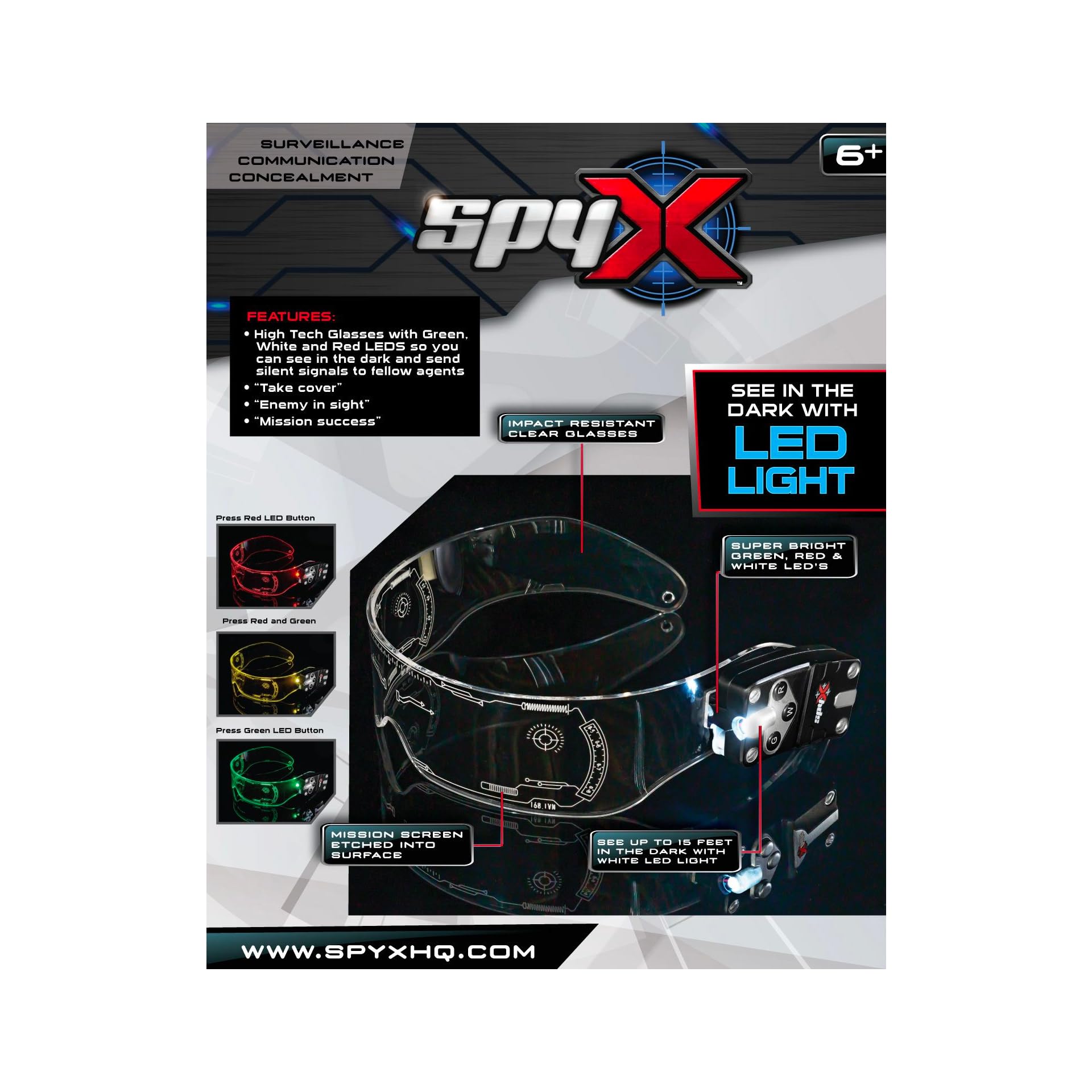 SpyX Night Ops Glasses - Hi-Tech Spy Toy Gadget for Spy Kids Night Mission. Dual LED Lights: White Spotlight & 3-Color Silent Signal Lights. Mission Graphics Etched Into Surface