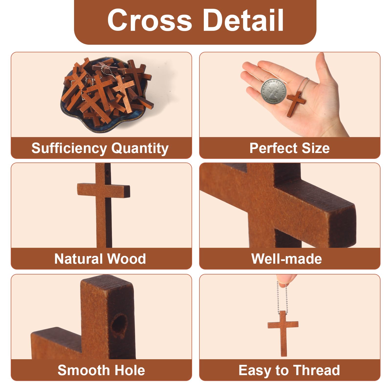 Gtudkae 1 Box Wooden Pocket Cross Contains 70 Cross Charms and 70 Chains, Pure Natural Wooden Crosses Pendants for Church Praying,Easter, Christian Gifts, Crafts for DIY Jewelry, Keychains
