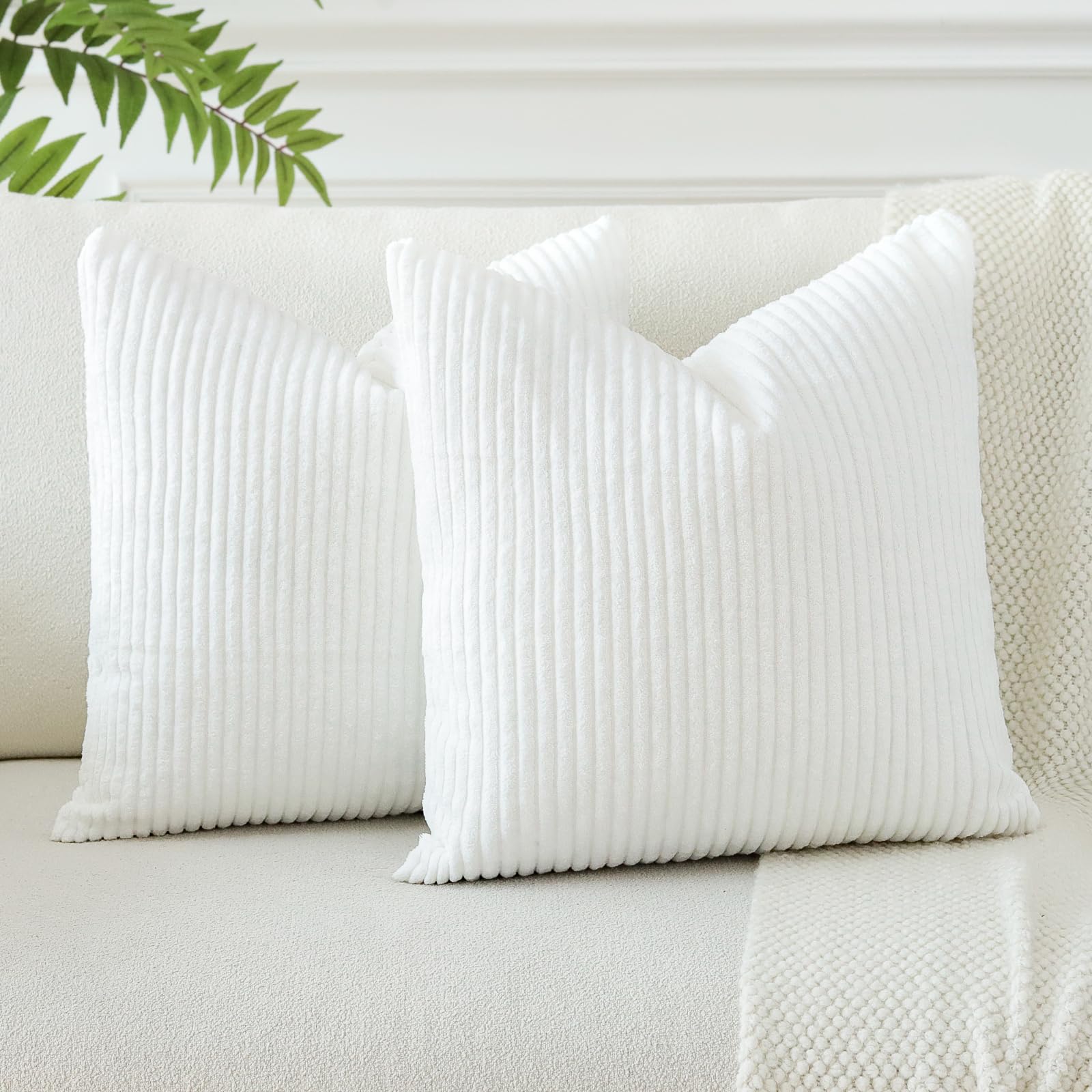 JOTOM Pack of 2 Corduroy Cushion Covers 40x40 cm Soft Striped Solid Decorative Throw Pillow Covers Square Cushion Pillow Cases for Couch Sofa Living Room Bed Home Boho Decor 16x16 Inch (Cream White) โ image 1