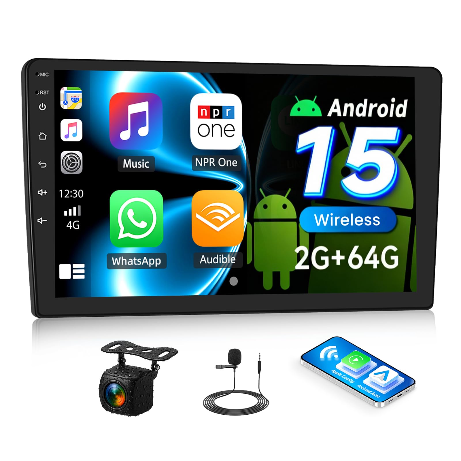 Photo 1 of [2G+64G] Android 15 Car Stereo with Wireless Carplay Android Auto,10.1" Touchscreen Car Radio with Mirror Link WiFi GPS Navigation Bluetooth FM/RDS Split Screen EQ SWC+AHD Backup Camera