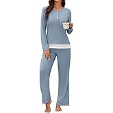 Blooming Jelly Women 2 Piece Pajama Set Button Up Color Block Soft Fall Lounge Sets Wide Leg Pants Sleepwear Pockets